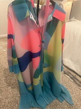 Colorful Abstract Pleated Button-Front Dress